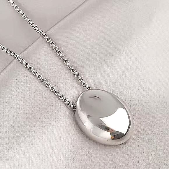 Silver Minimalist Long Oval Sweater Necklace  Stainless Steel Pendant Waterproof - Picture 3 of 9